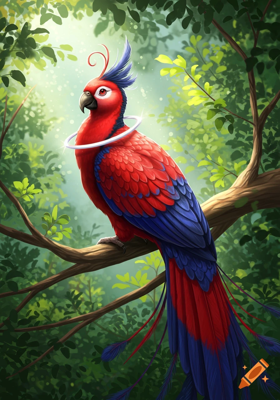 A vibrant red and blue parrot with a blue crest, plume tail, and glowing white neck ring perches on a branch in a lush forest. Stylized.