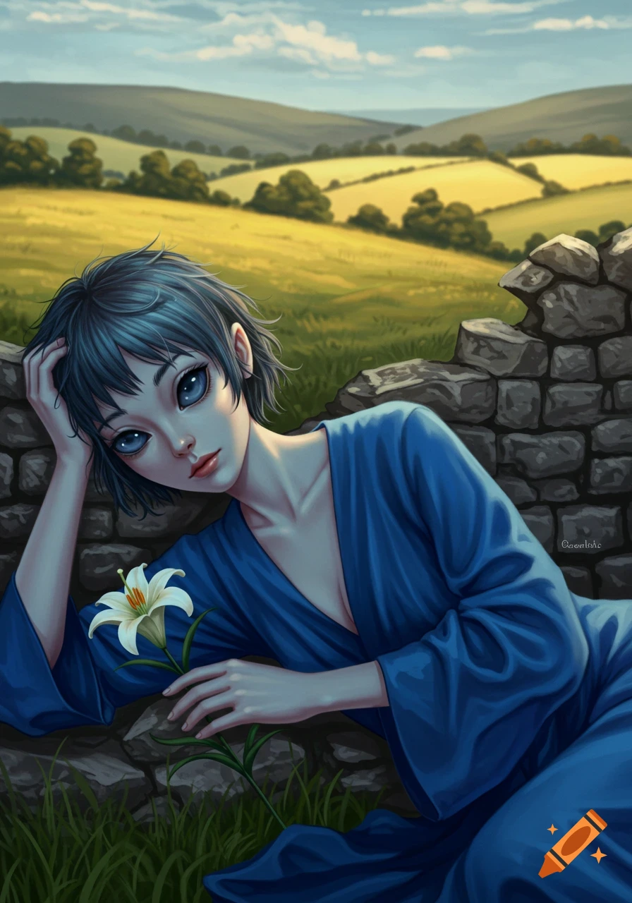 Stylized illustration of a young woman with short blue hair and large eyes, in a blue dress, holding a lily by a stone wall, with fields and hills behind her.