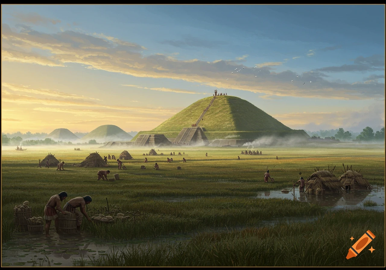 A vibrant illustration of a Mississippian settlement with large earthen mounds, people farming in misty floodplains at sunrise.