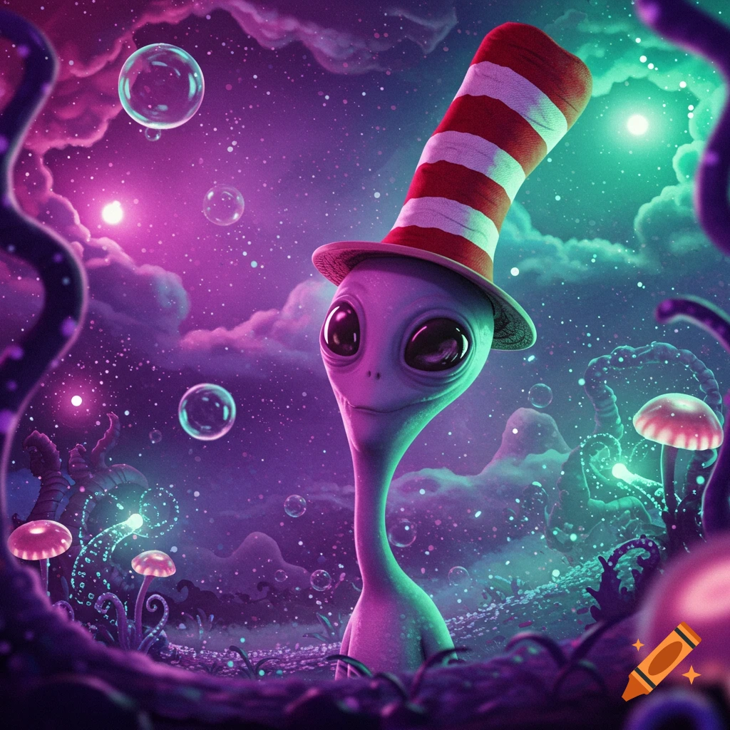 A cute alien with a red and white striped top hat smiles in a vibrant purple and teal cosmic landscape with glowing mushrooms and bubbles, illustrated style.