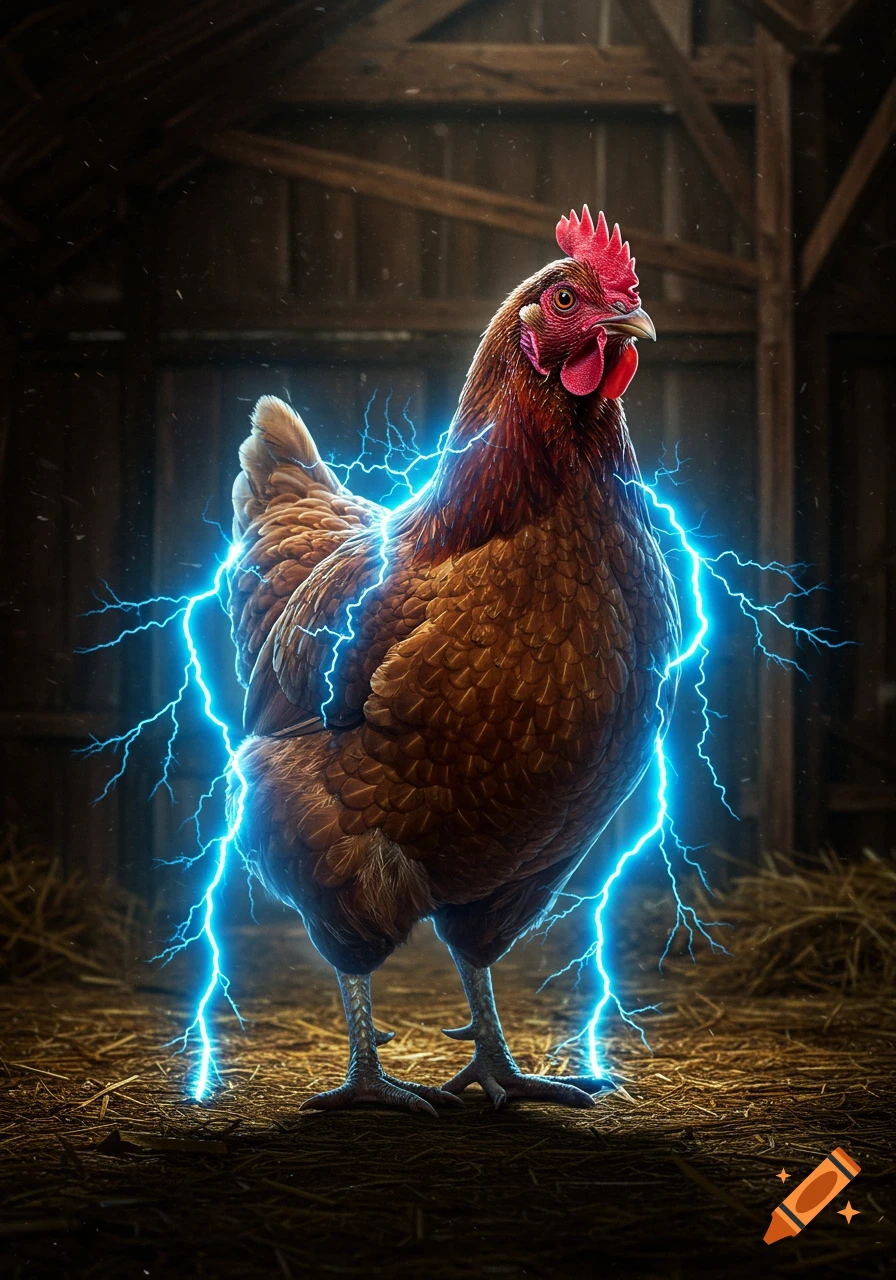 A photorealistic brown chicken crackling with blue electric lightning stands on straw in a dimly lit barn.