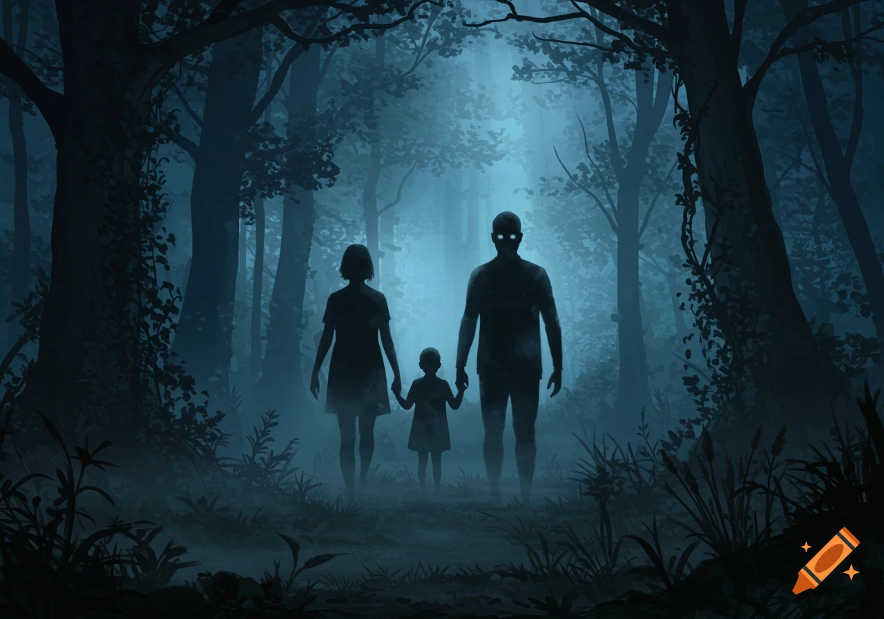 Stylized illustration of a family of three dark silhouettes with glowing eyes on the father, walking through an eerie, misty blue forest.