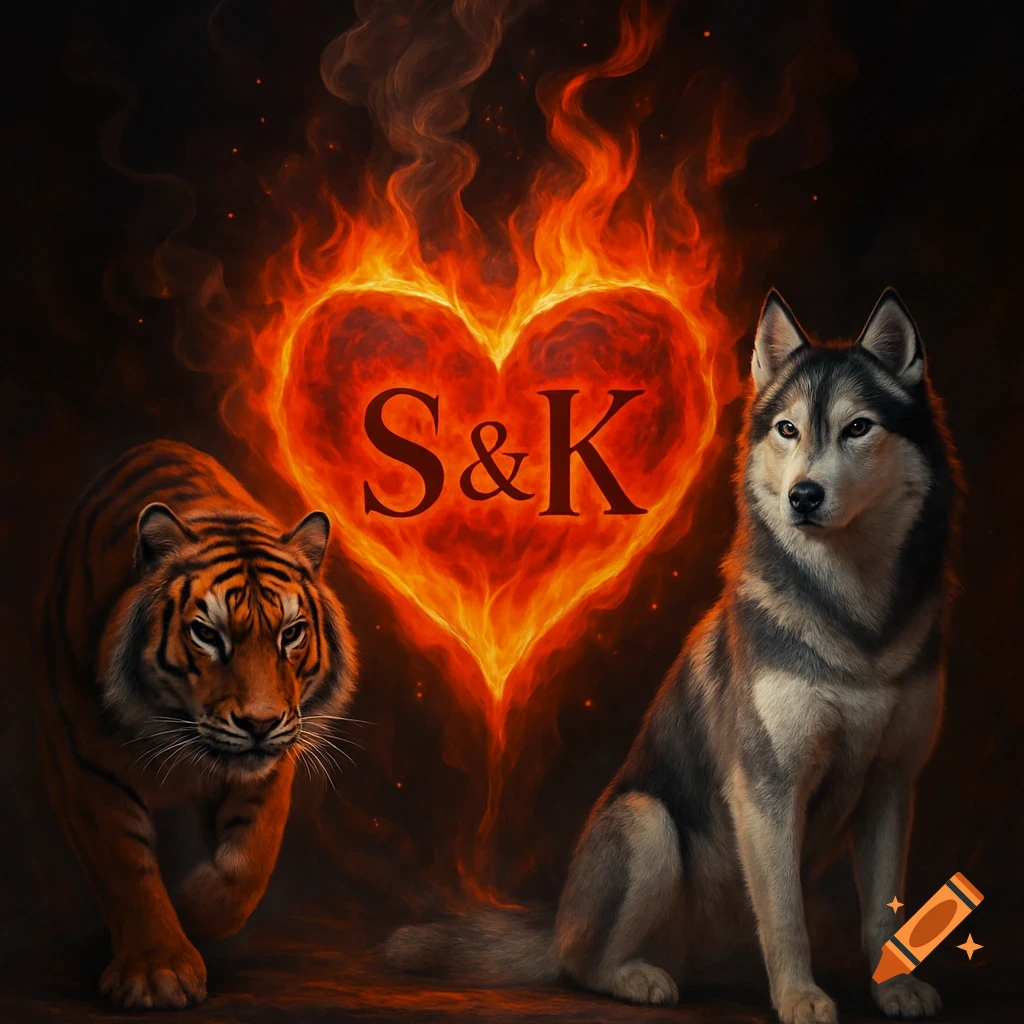 A tiger and a husky stand on either side of a large, glowing fiery heart with the letters S&K.