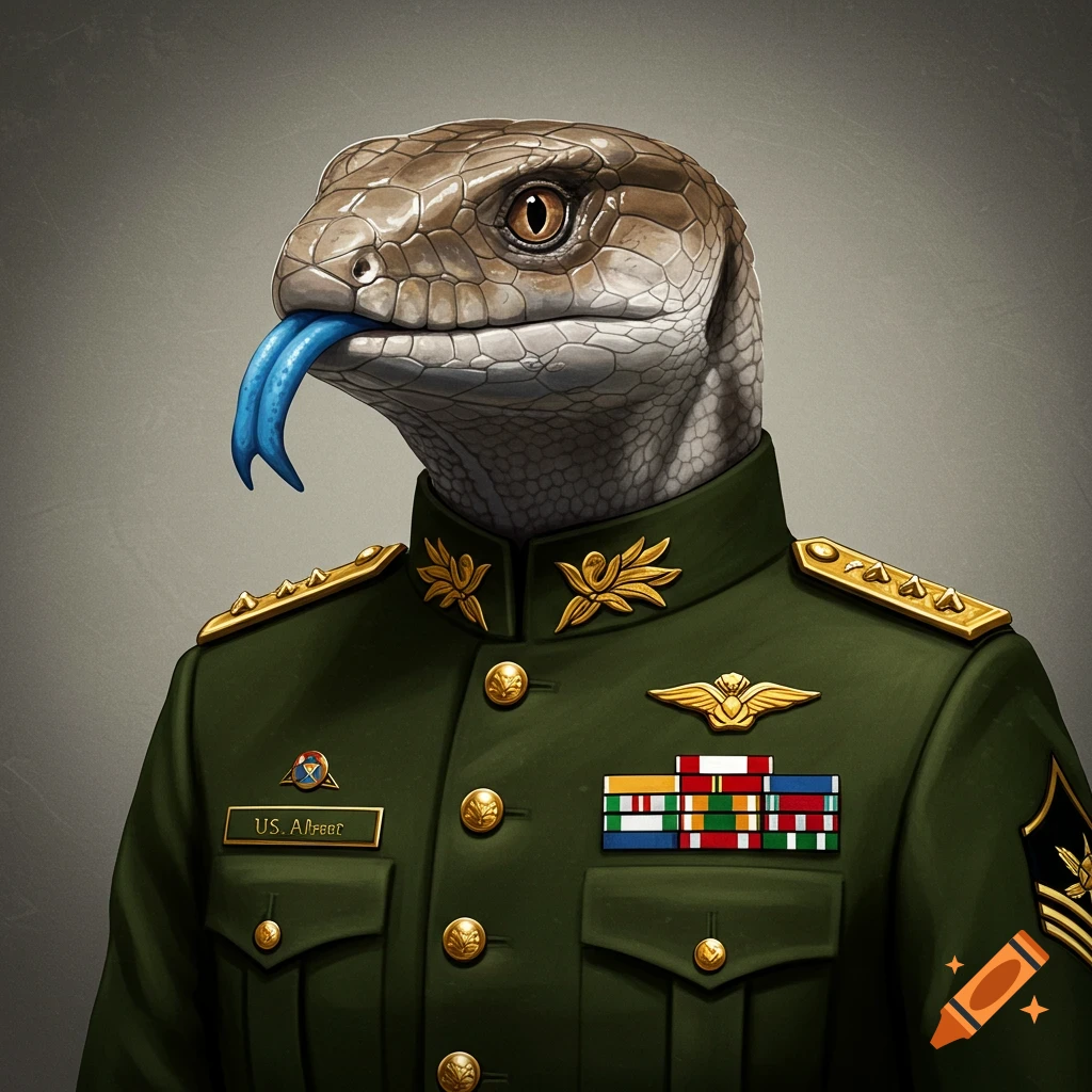 A detailed, photorealistic portrait of a blue-tongued skink wearing a green army uniform with insignia.