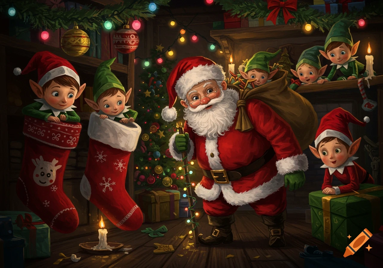 Santa Claus with a sack of gifts surrounded by elves in a festive, decorated Christmas room with stockings and a tree.