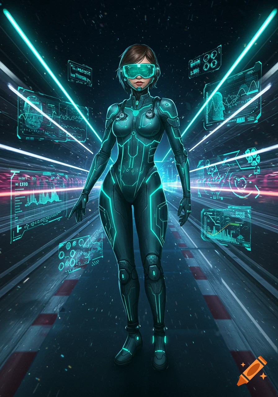 A futuristic woman in a glowing teal and black suit with VR goggles stands in a digital corridor surrounded by holographic displays.