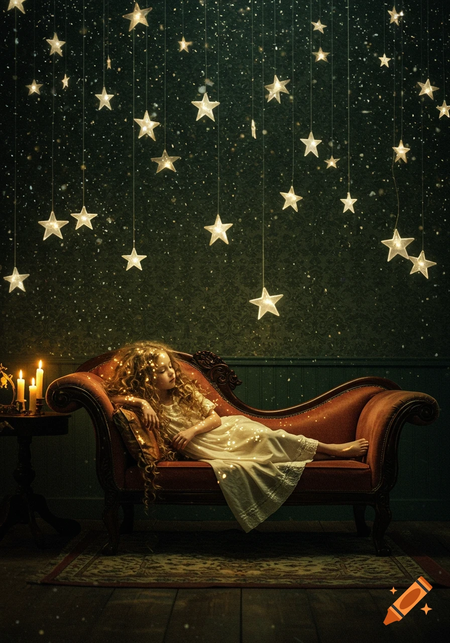 A young girl with curly hair sleeps on a velvet chaise lounge, surrounded by glowing star lights in a dark, whimsical room.