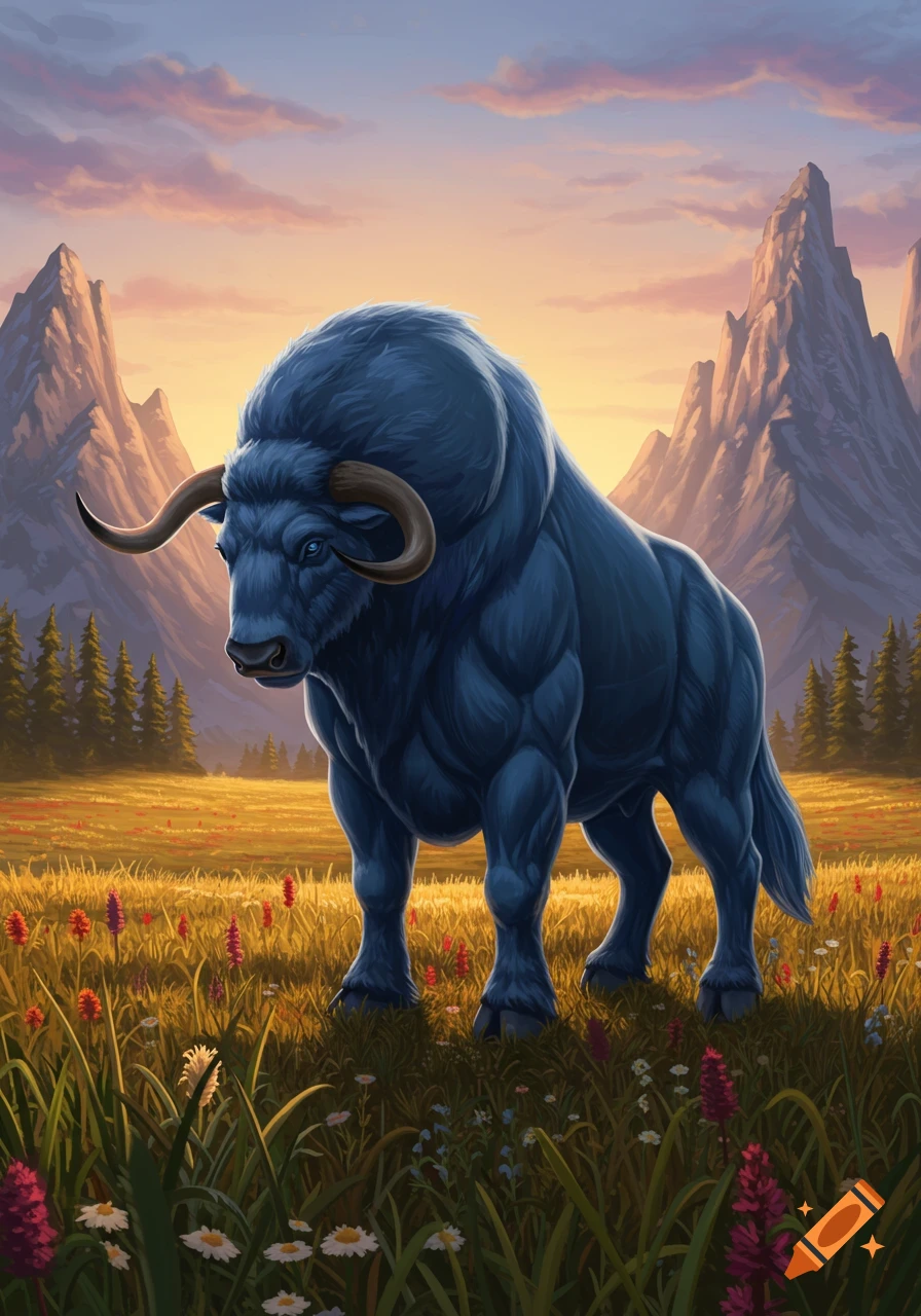 A muscular blue ox stands in a wildflower field with mountains and a sunset sky, in a stylized illustration.