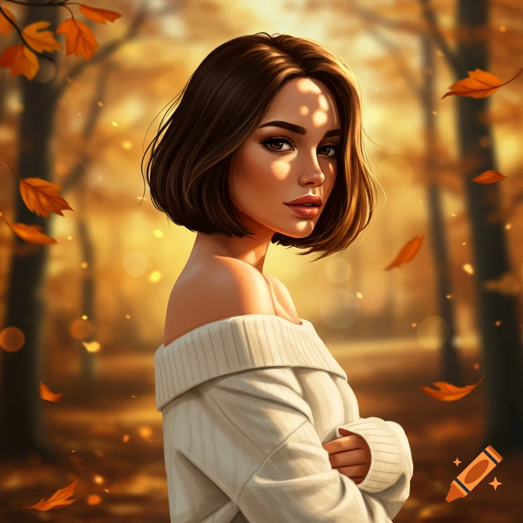 Digital painting of a woman with short brunette hair wearing a white off-shoulder sweater in an autumn forest with falling leaves.