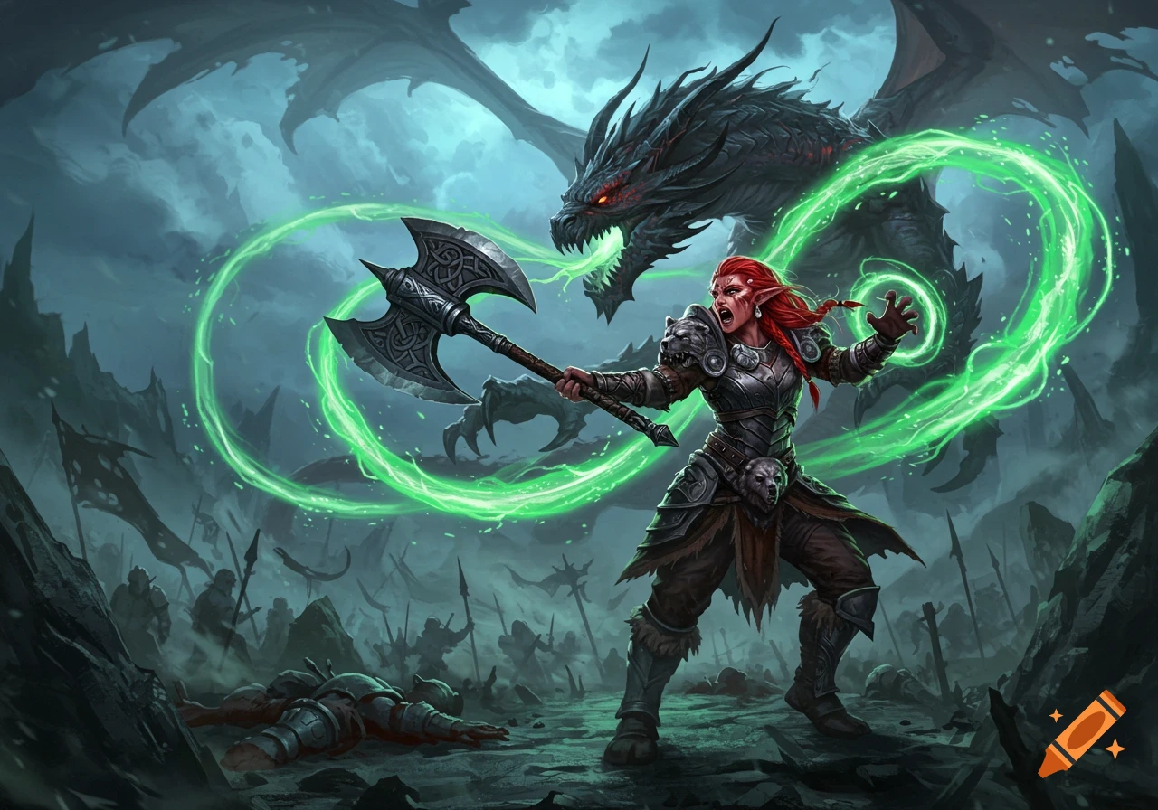 A red-haired warrior wielding a battle-axe confronts a black dragon wreathed in green energy on a dark battlefield, fantasy art.