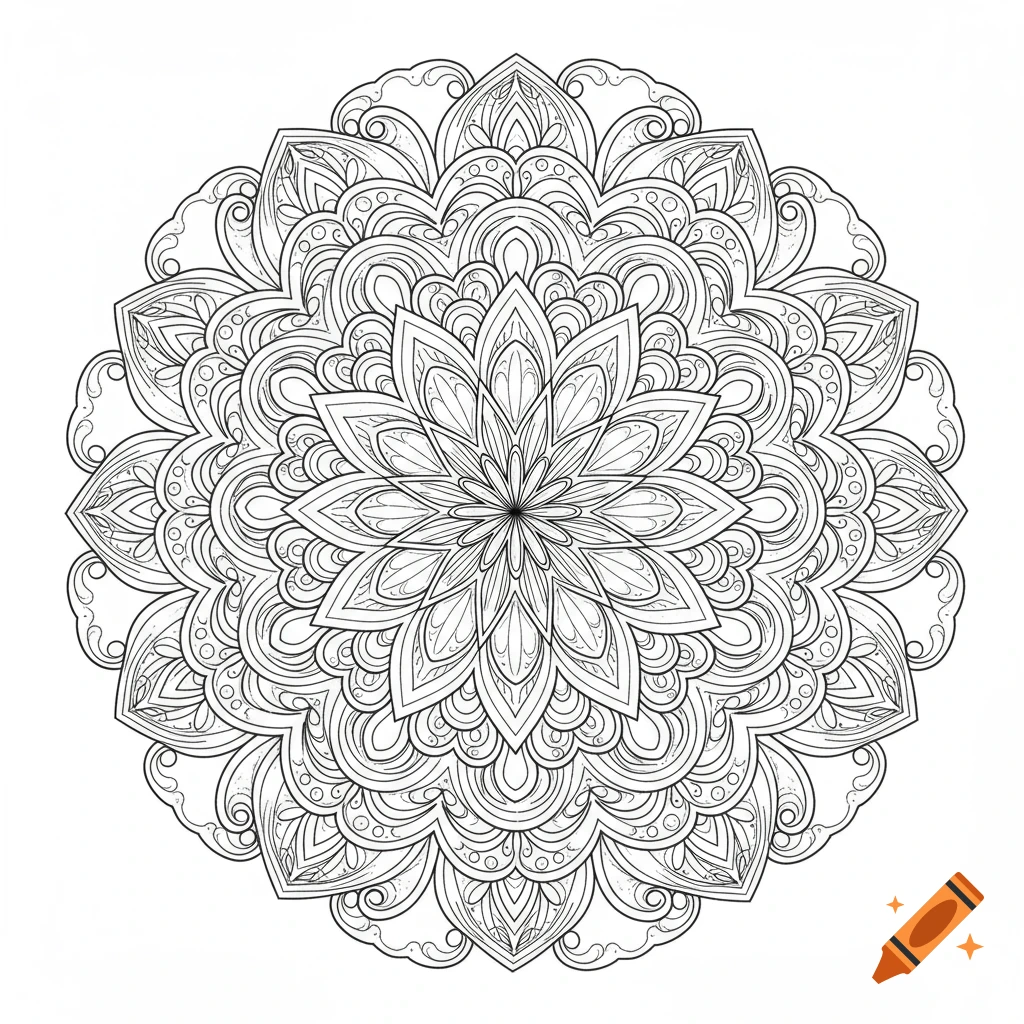 A highly detailed black and white mandala illustration with intricate floral and geometric patterns, designed for coloring.