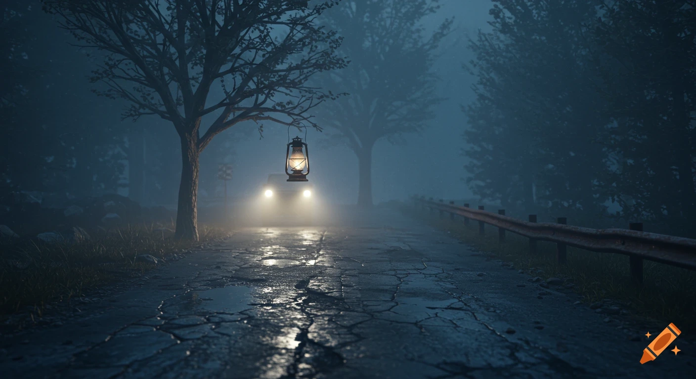 A dark, foggy road at night, a lantern hanging from a gnarled tree, and a car's headlights reflecting on the wet, cracked pavement.