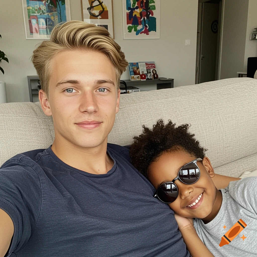 Blonde man taking a selfie with a child in sunglasses leaning on his shoulder, smiling on a couch.