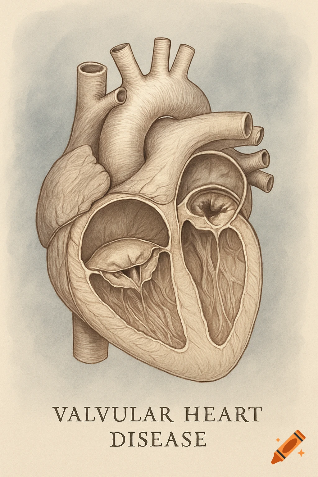 Detailed vintage medical illustration of a human heart cross-section with chambers, valves, and text 'VALVULAR HEART DISEASE'.