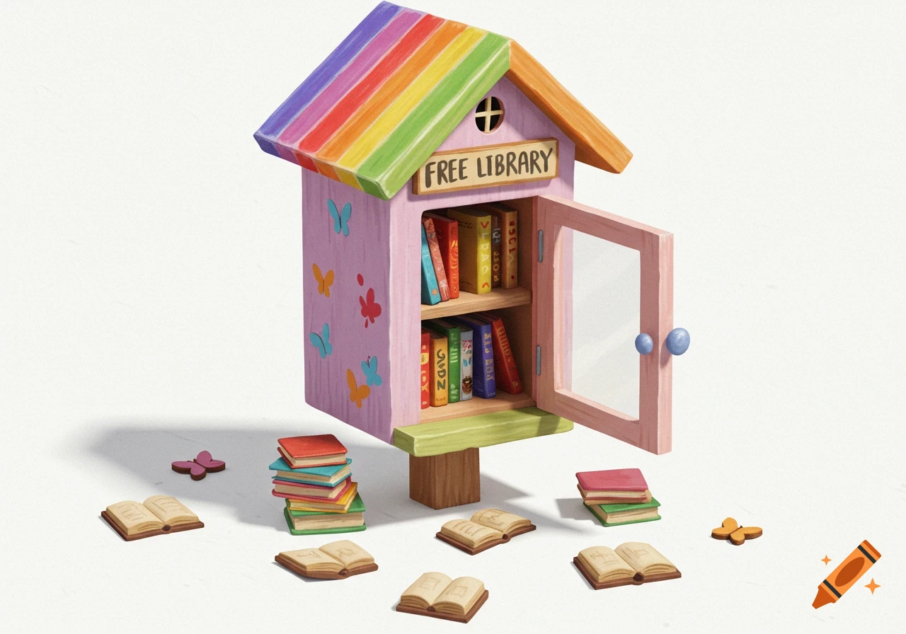 A whimsical illustration of a little free library, painted pink with a rainbow roof and butterfly decals. Books are inside and scattered on the white ground.