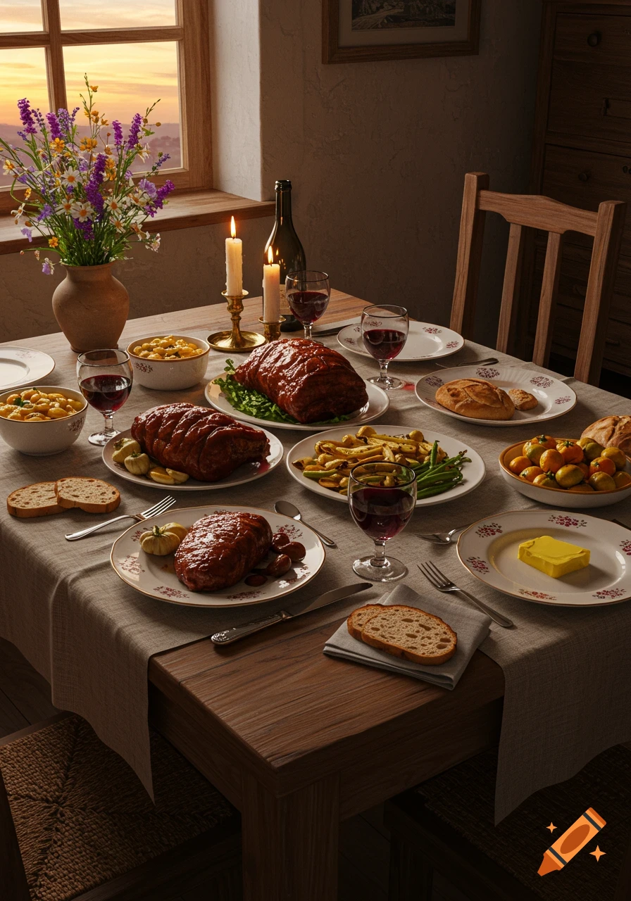 A cozy dining table is set with multiple meat roasts, pasta, vegetables, bread, wine glasses, and lit candles by a window at sunset, creating a warm, inviting atmosphere.