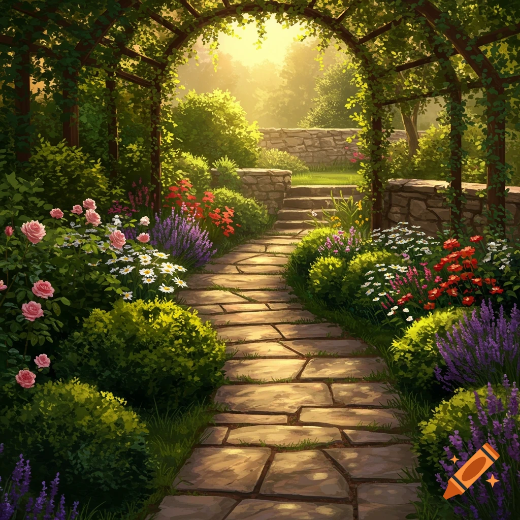 A flagstone garden path winding through lush greenery and colorful flowers under an archway, illuminated by sunlight.