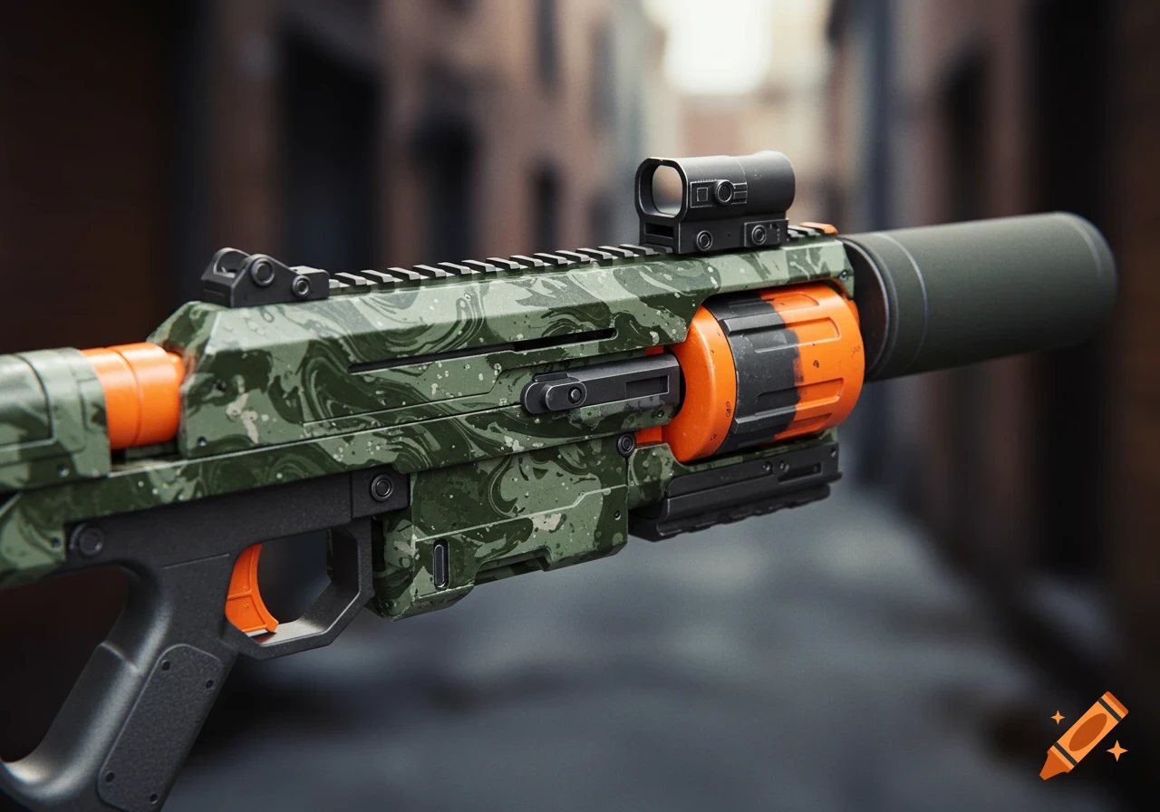 Photorealistic Nerf Gelfire Ignitor toy gun with green camo, orange accents, silencer, and iron sights, against a blurred street.
