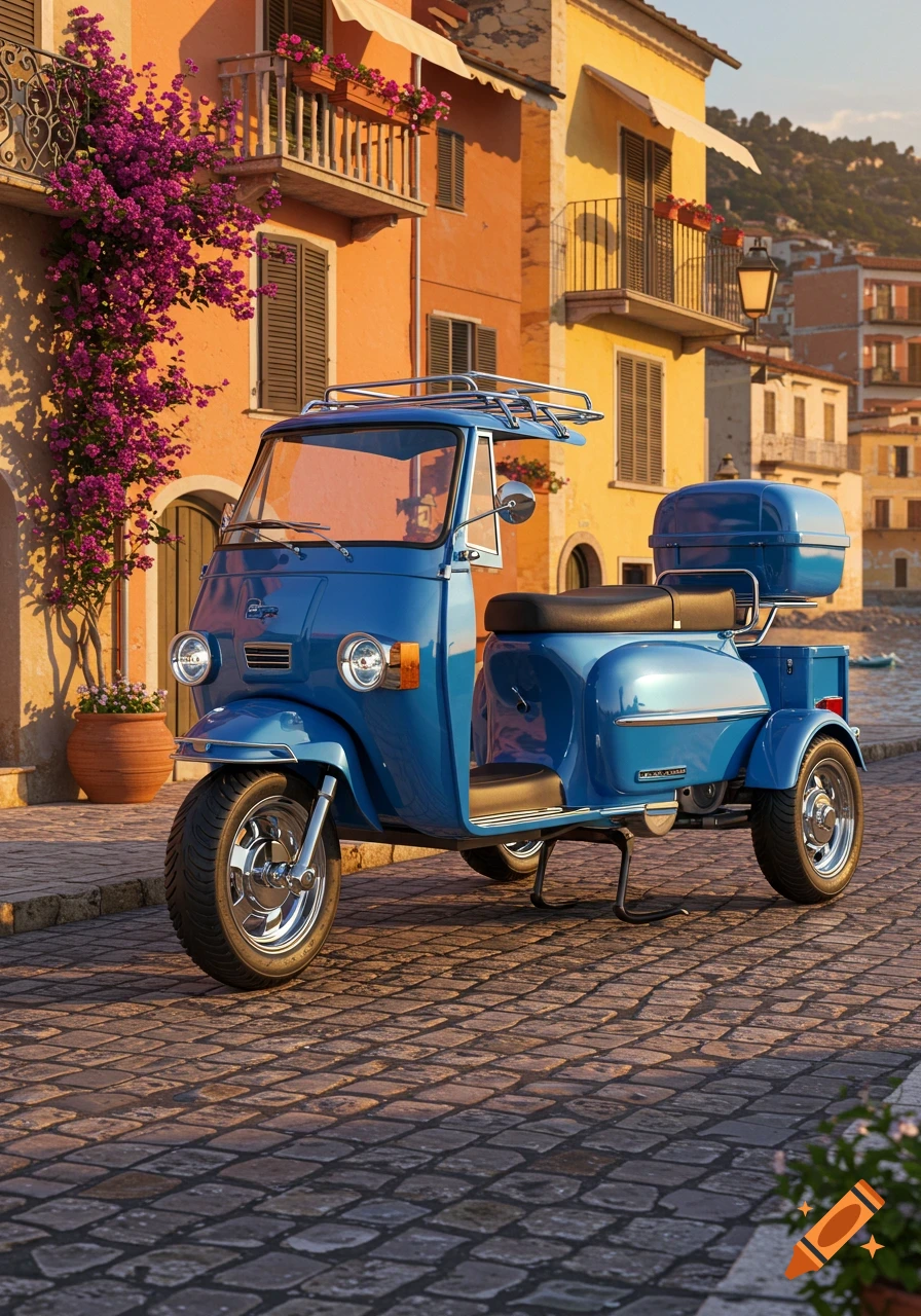 A photorealistic blue three-wheeled scooter with roof racks on a cobbled street in front of colorful buildings with bougainvillea.