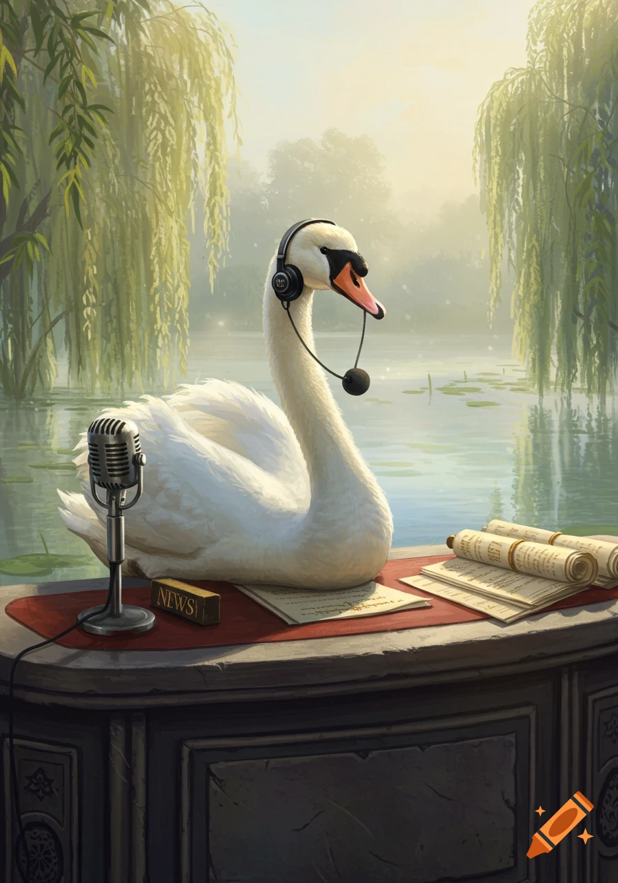 A white swan wearing a headset sits at a news desk with a microphone and papers, against a misty lake with willow trees.