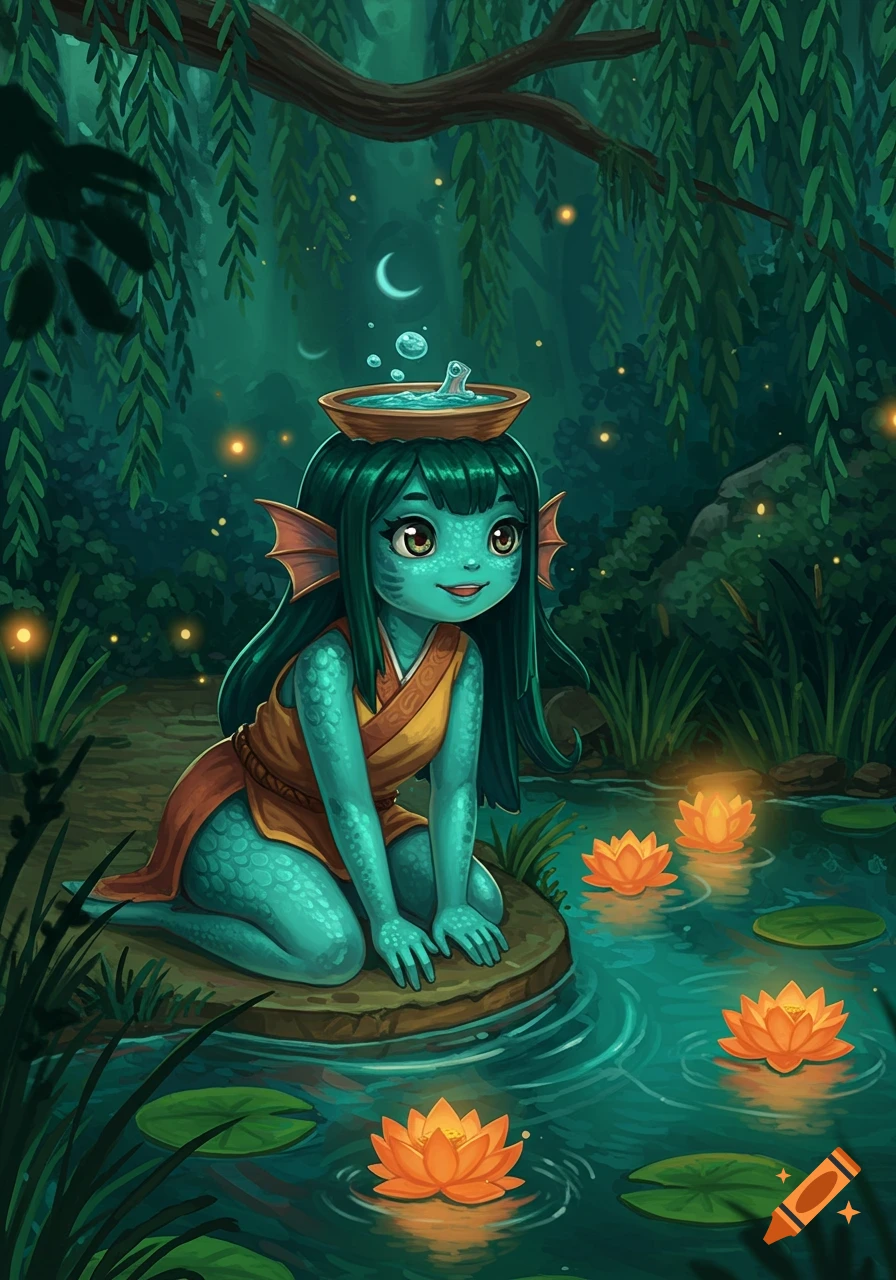 A cute green Kappa monster girl kneels by a pond with glowing orange lotus flowers in a dark, magical forest.