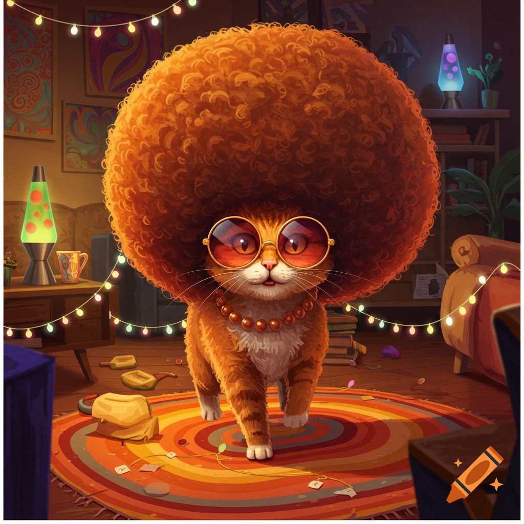 A fluffy orange cat with a large afro and round sunglasses stands on a colorful rug in a retro-themed room with lava lamps and string lights.