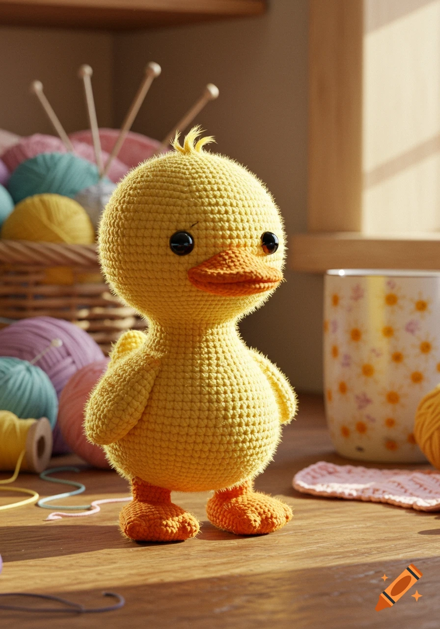 A yellow crochet duck stands on a wooden table next to colorful yarn balls and knitting needles, bathed in warm sunlight.