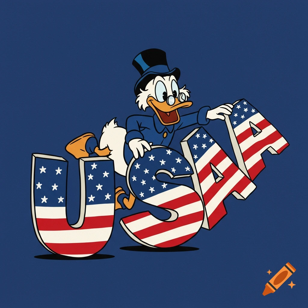 Scrooge McDuck, in cartoon style, bends giant bold 'USA' letters painted like the American flag.