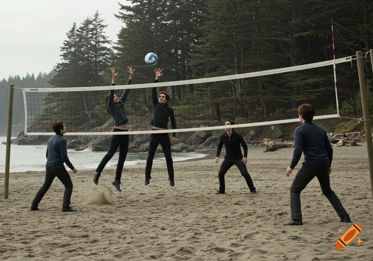 Five people play volleyball on a sandy beach with an ocean and a forest in the background under an overcast sky.