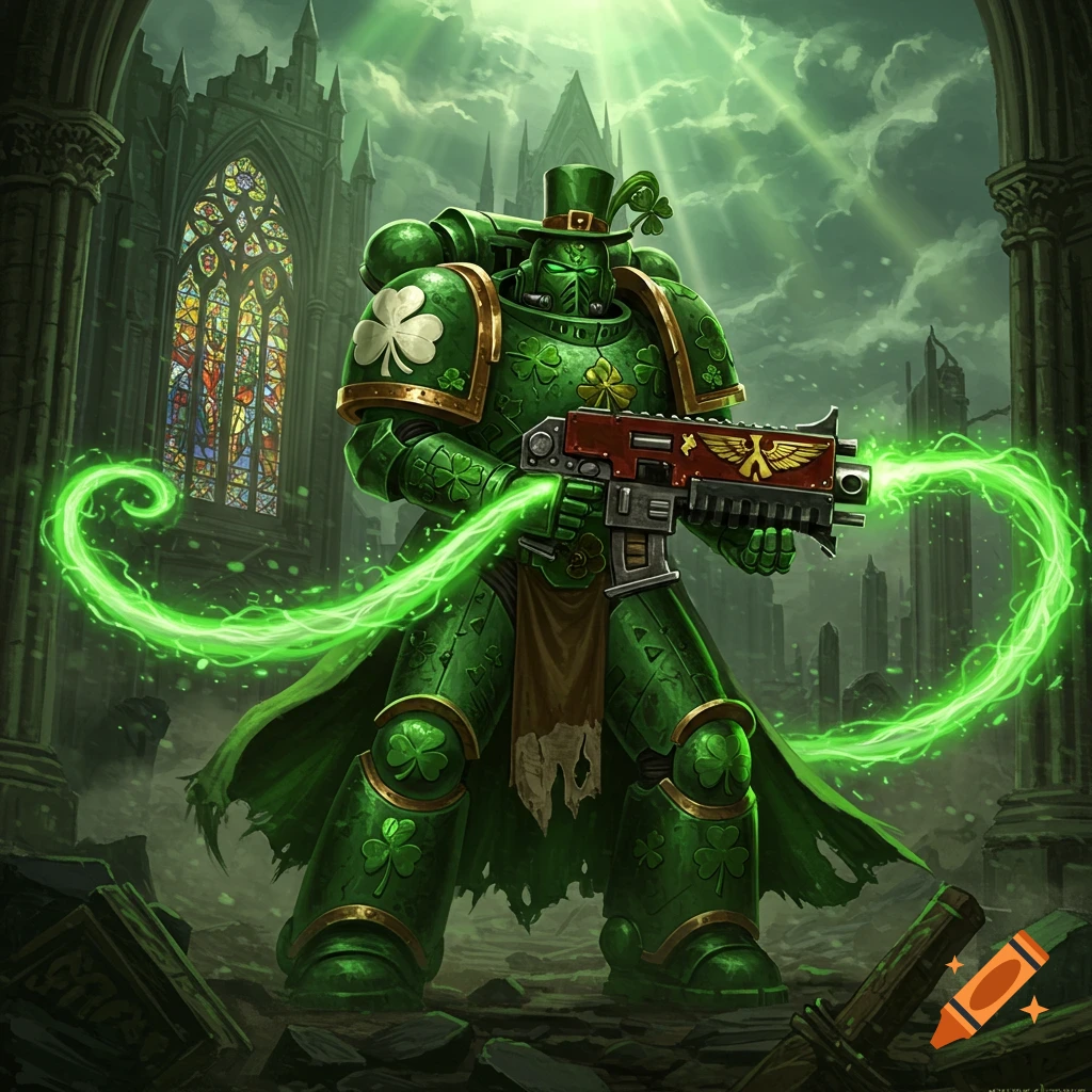 Green armored Warhammer 40K Space Marine with shamrocks and a leprechaun hat, firing green energy in ruins.