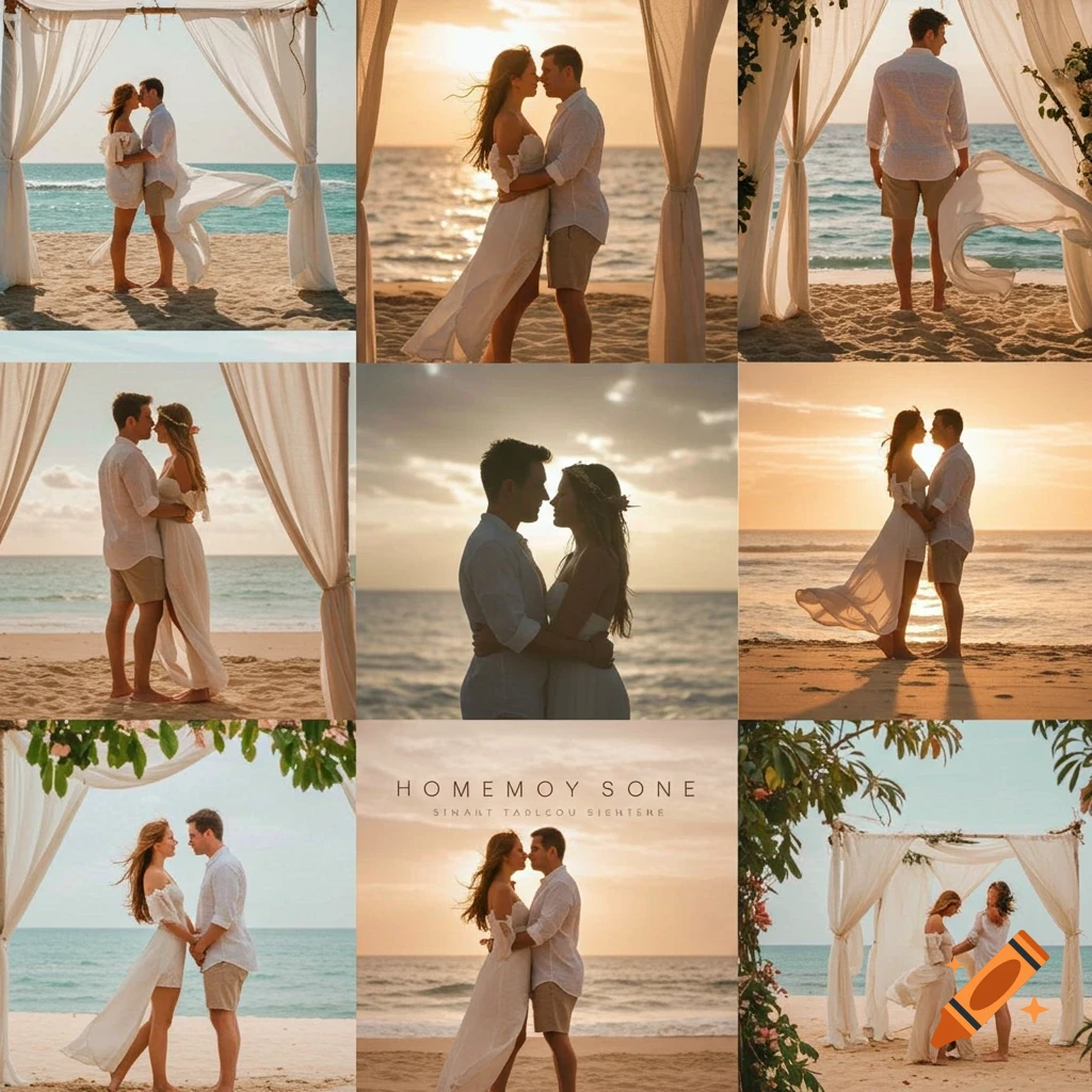 Nine romantic photos of a couple hugging, kissing, and walking on a sandy beach at sunset with white drapes.
