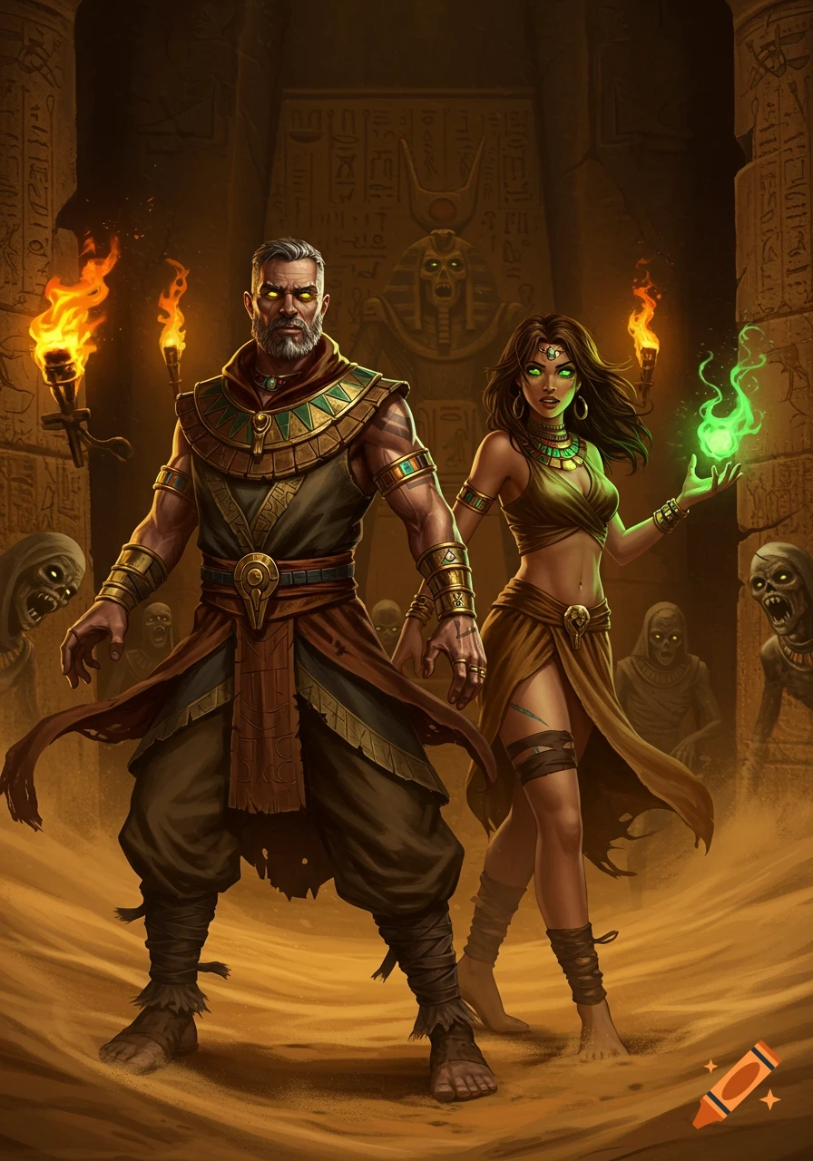 Two powerful adventurers, a man and a woman, face mummies in a torch-lit ancient Egyptian tomb, wielding magic. Digital art.