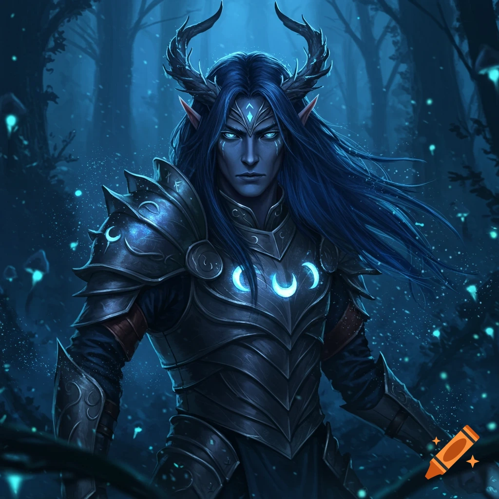 Blue-skinned fae warrior with horns, long blue hair, glowing eyes, and ornate dark armor, standing in a mystical blue forest.