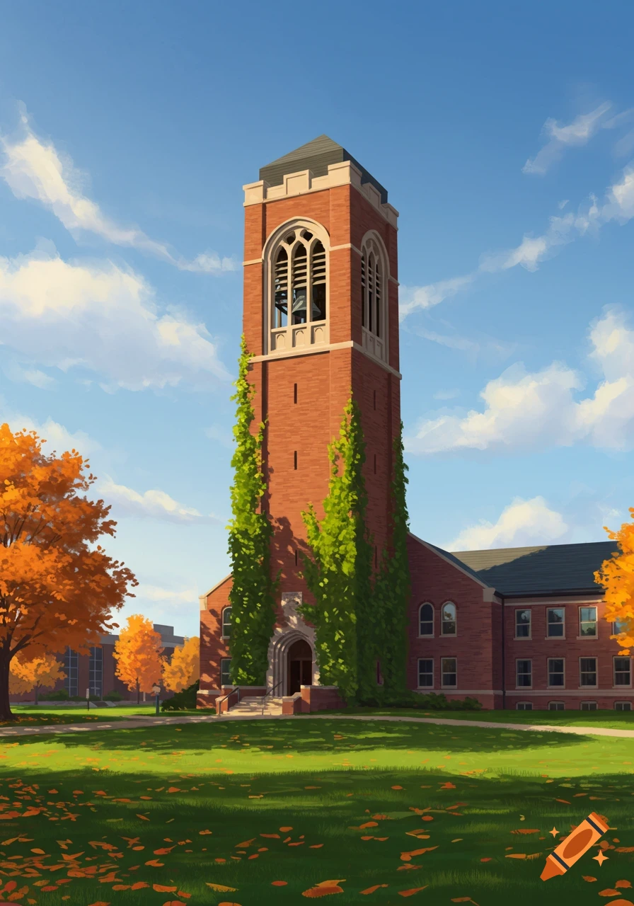 A tall brick bell tower with ivy on a college campus in autumn, surrounded by orange trees and green grass under a blue sky.