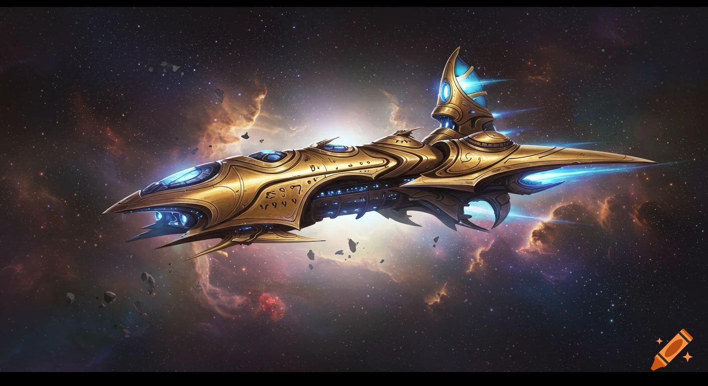 A detailed golden futuristic spaceship with glowing blue accents flies through a star-filled nebula.