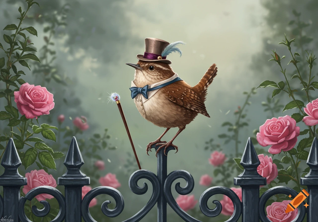 A dapper wren wearing a top hat, blue bow tie, and waistcoat, holding a sparkling cane, perched on an ornate black fence amidst pink roses.