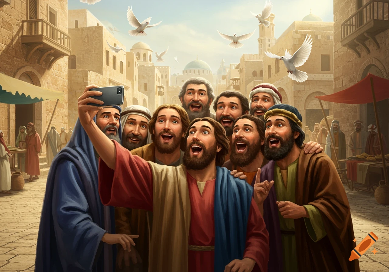 Digital painting of Jesus and apostles smiling and posing for a selfie in an ancient town with doves flying overhead.