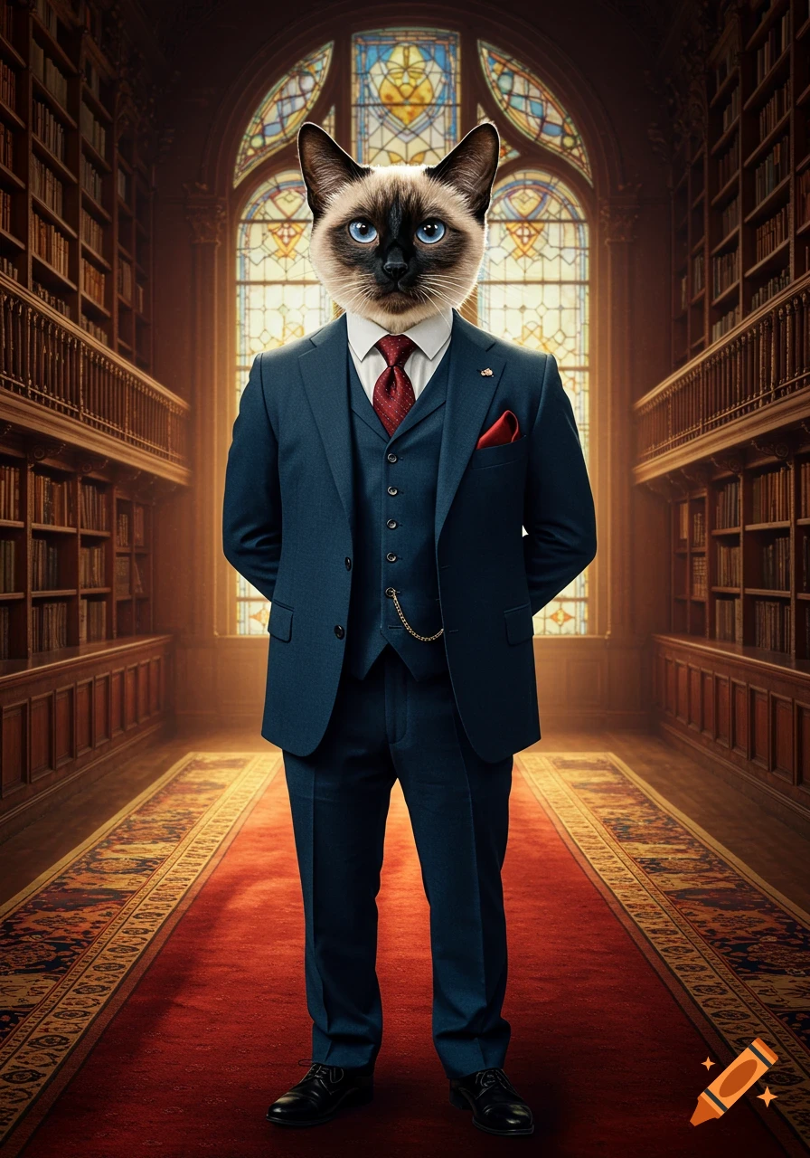 A dignified Siamese cat in a blue three-piece suit stands in a grand library with a stained-glass window.
