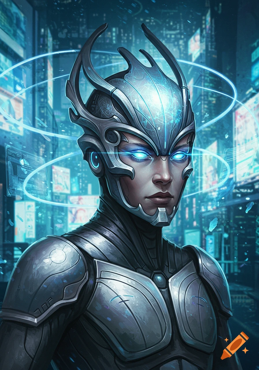 A futuristic character in metallic armor with glowing blue eyes and headpiece stands in a neon-lit cyberpunk city.