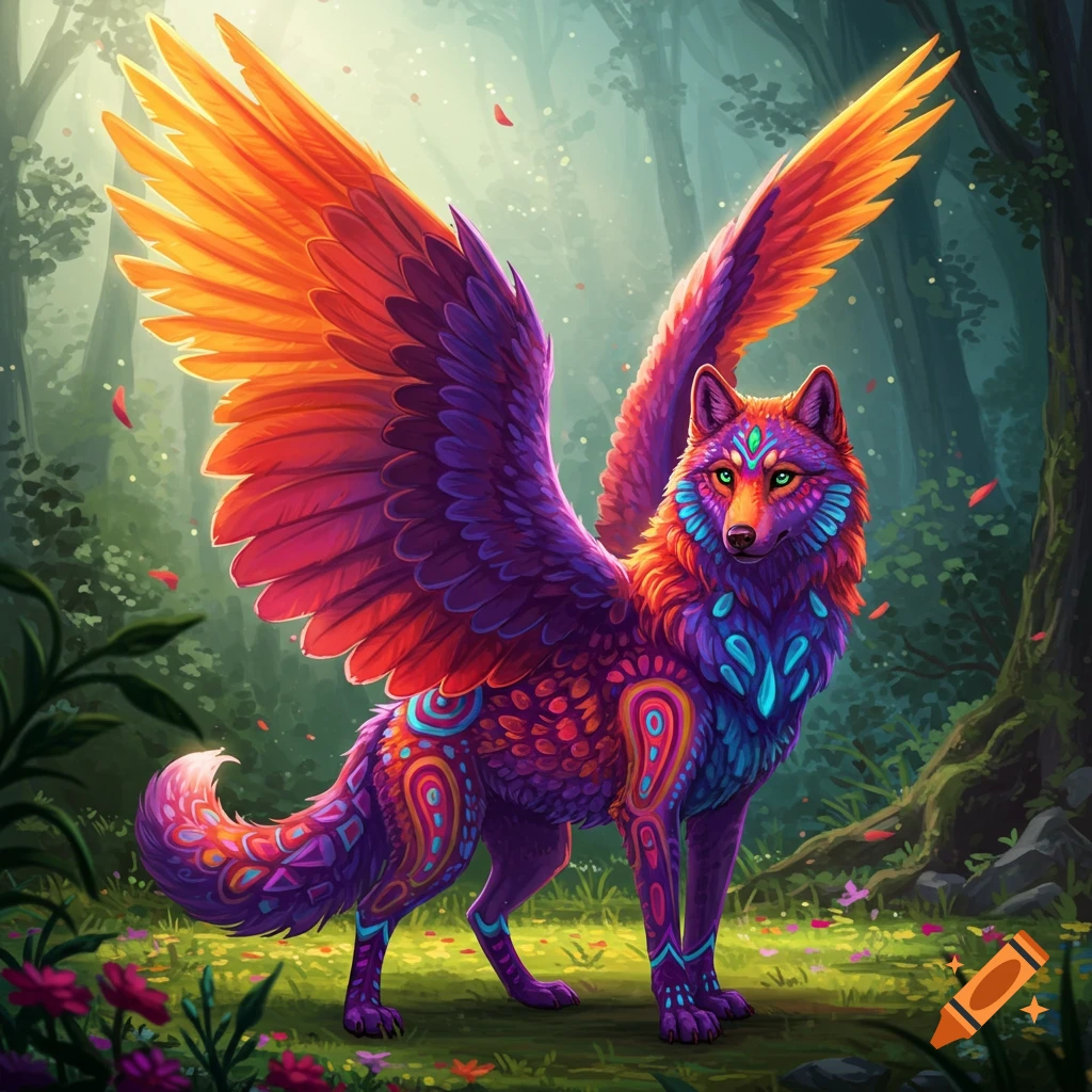 A vibrant, winged alebrije wolf with intricate colorful patterns stands in a mystical forest.