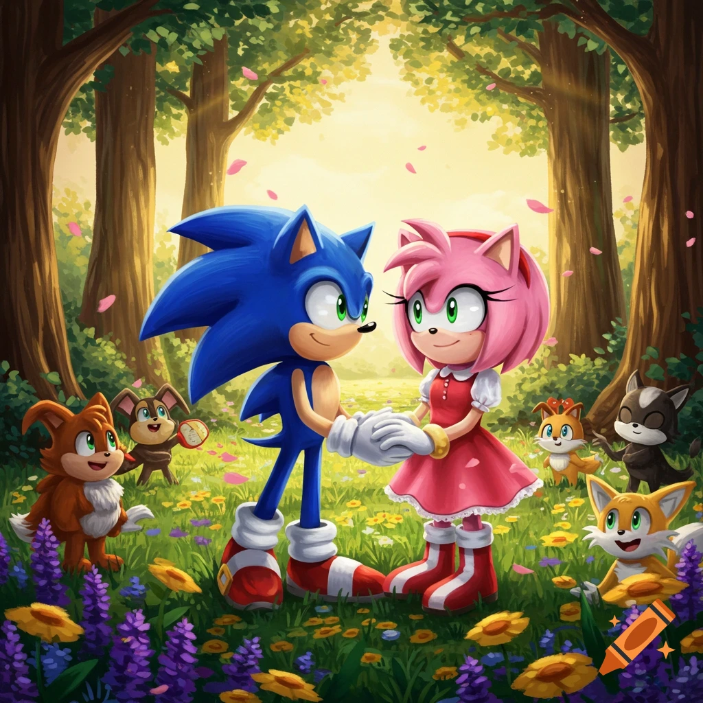 Sonic the Hedgehog and Amy Rose hold hands in a sunny, flower-filled forest clearing, surrounded by small cartoon animals.