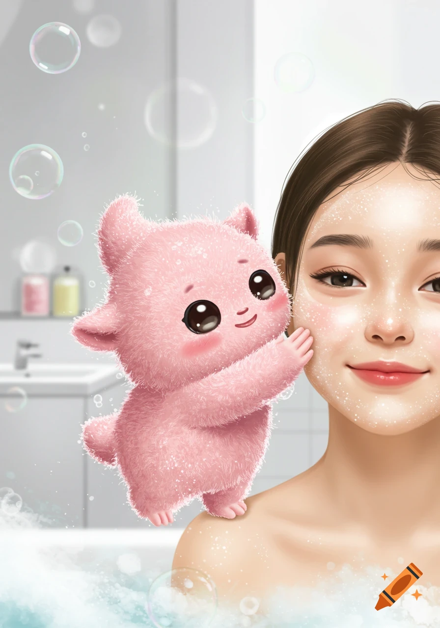 A cute fluffy pink monster applies a sparkly facial scrub to a smiling girl's face in a bubbly bathroom.