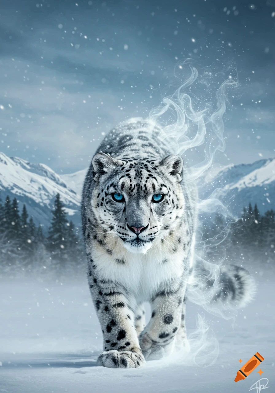 A majestic snow leopard with glowing blue eyes, partially veiled in ethereal mist, walks forward in a snowy mountain landscape.