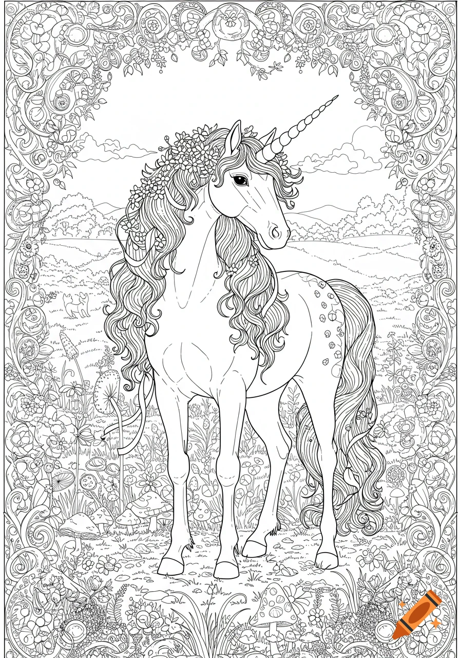 Black and white line art of a majestic unicorn standing in a magical meadow filled with flowers, in a coloring page style.