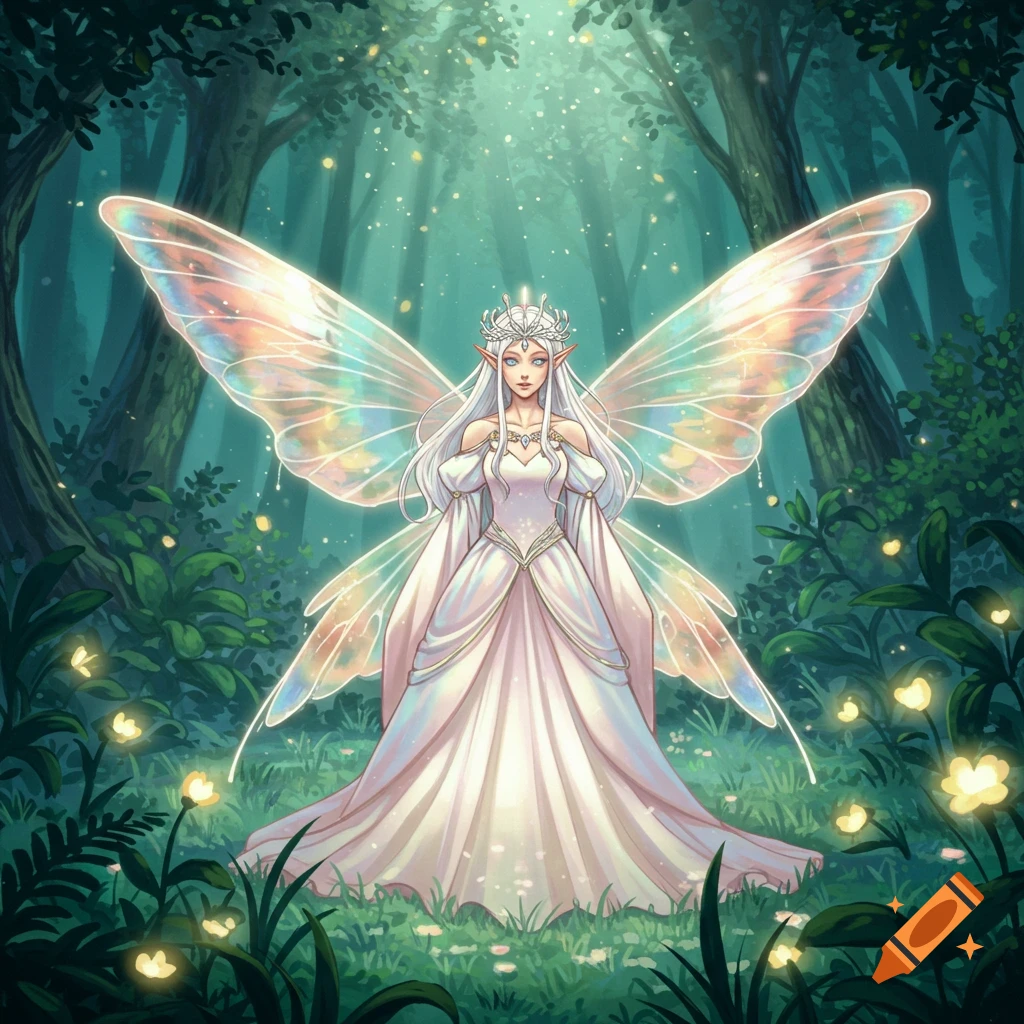 An anime fairy queen with white hair, iridescent wings, and a crown stands in a glowing enchanted forest.