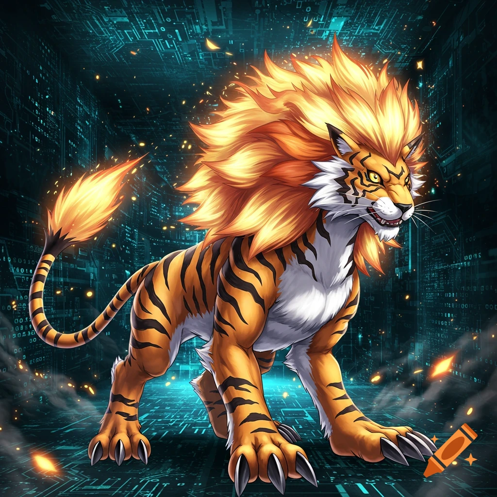 A Ligoramon Digimon, a fusion of a lion and tiger, with a fiery mane and tiger stripes, stands in a digital circuit-board environment.