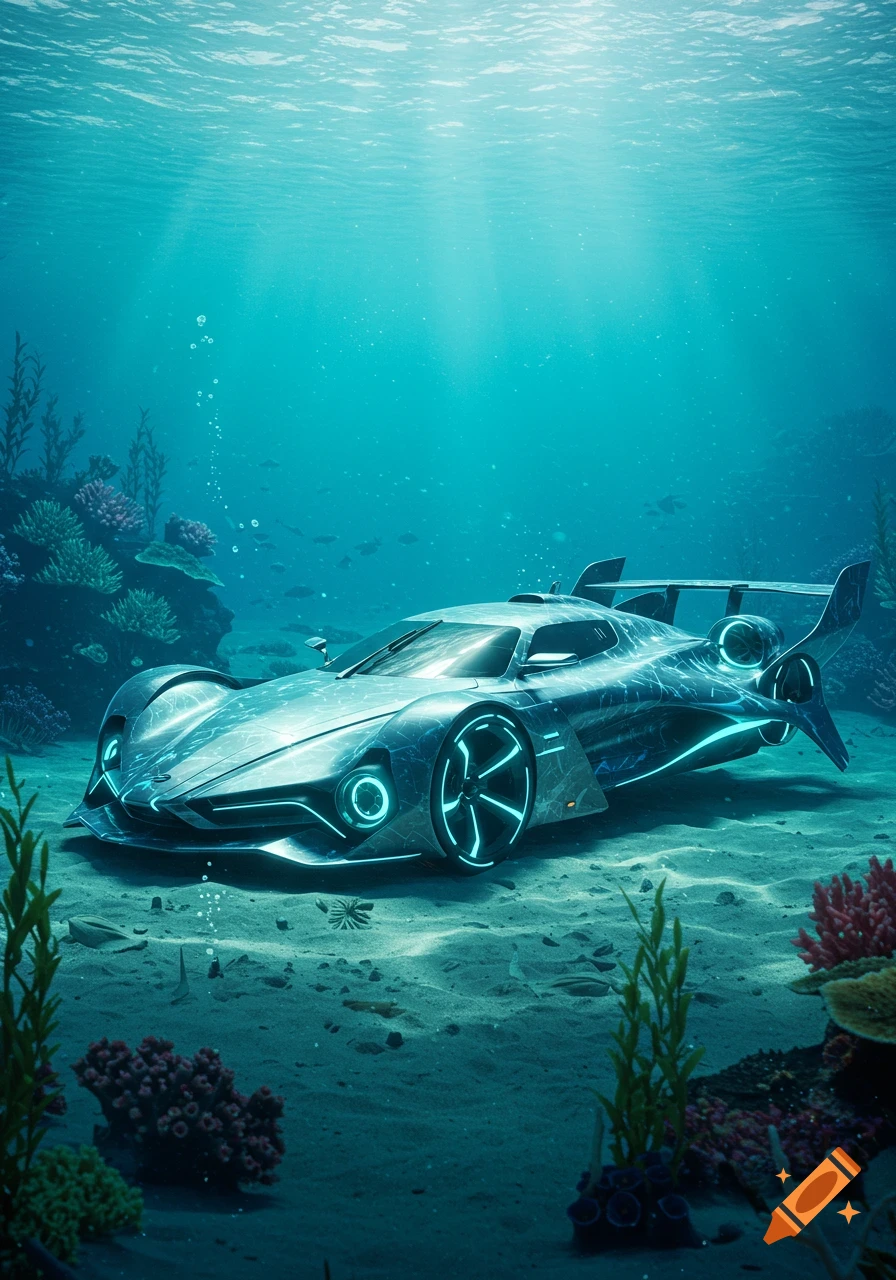 A futuristic silver race car with glowing blue lights on a sandy seabed with coral, light rays shining from the water's surface.