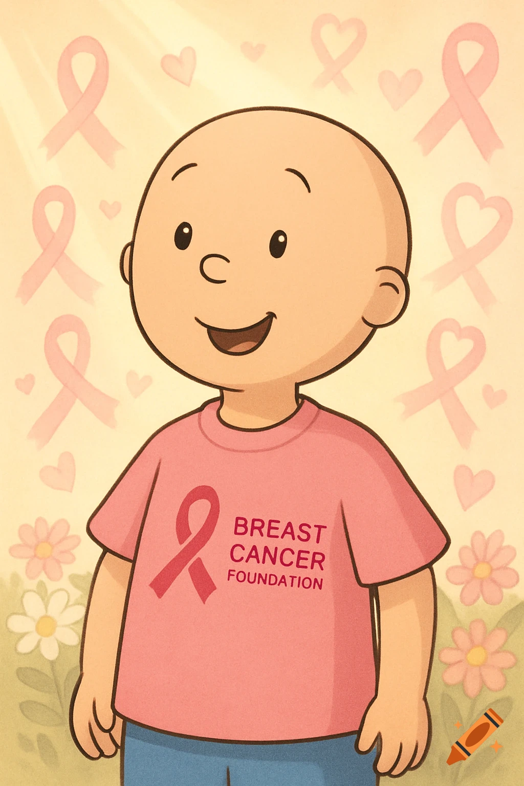 Cartoon character Caillou in a pink breast cancer awareness shirt with a ribbon logo, surrounded by pink ribbons, hearts, and flowers.