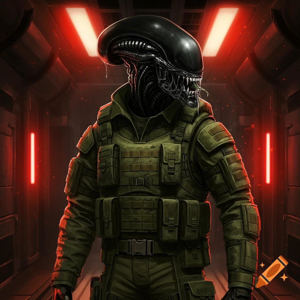A xenomorph in colonial marine armor stands in a red-lit spaceship corridor, looking towards the right.