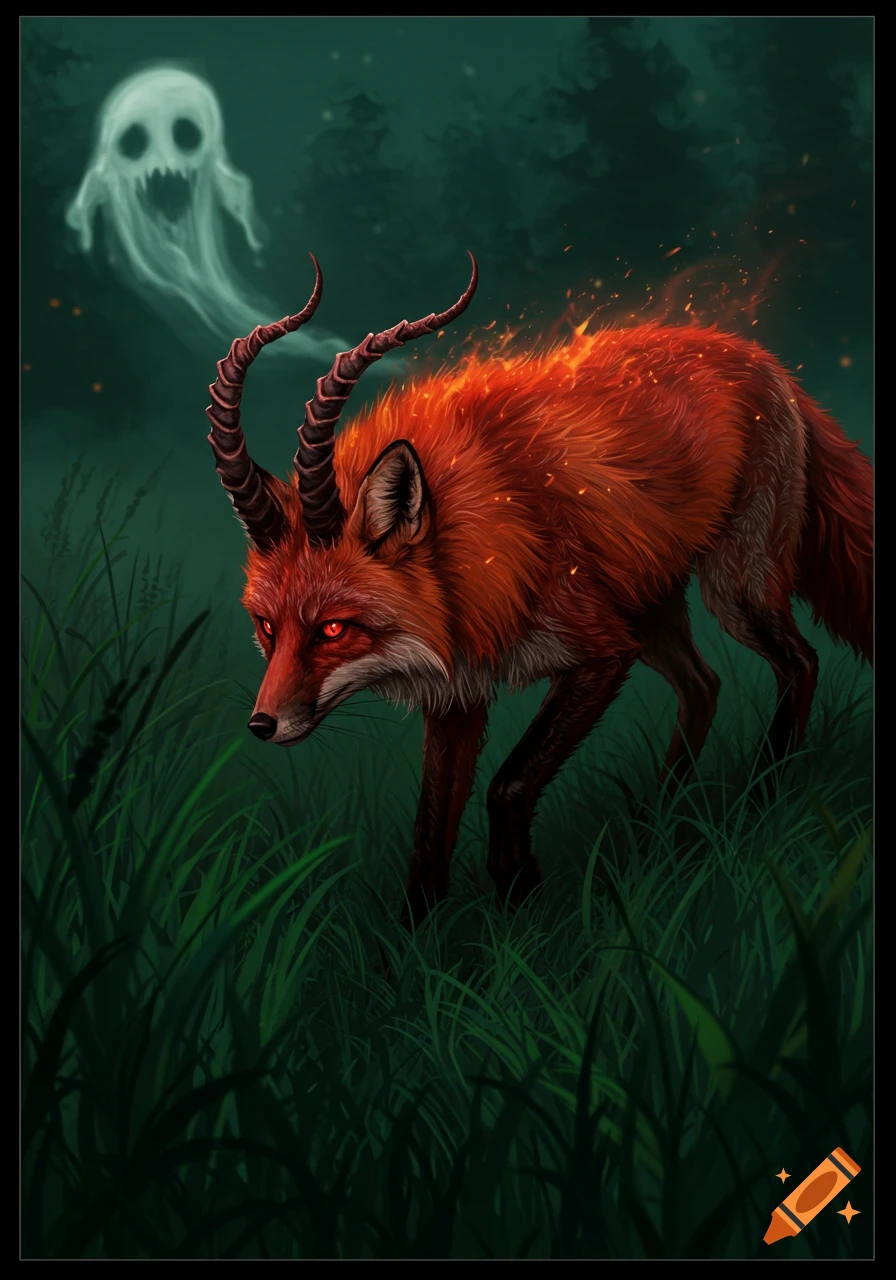 A horned, fiery red fox with glowing red eyes creeps through tall dark green grass, as a white spooky ghost floats behind it.